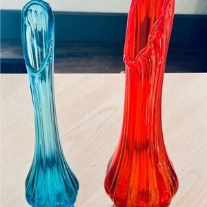 2 LE Smith Red AMBERINA and Blue/ Green Peacock Glass Swung Vases over 19”& 18”